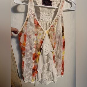 luluvia (anthropology) Cream Floral Lace Ruffle Tank with Orange/Yellow Accents